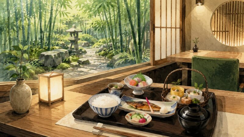ふふ奈良の和モダンな店内と滴翠の御膳のイメージ