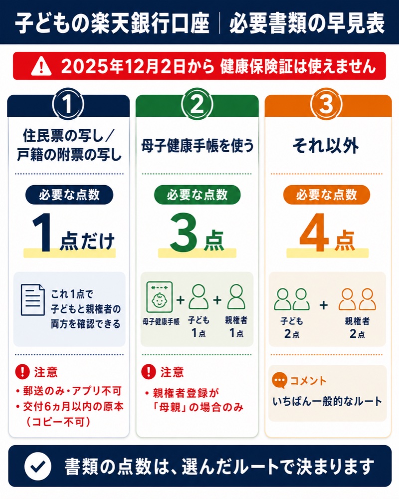 子どもの楽天銀行口座の必要書類早見表。①住民票なら計1点（郵送のみ・原本）②母子健康手帳なら計3点（親権者登録が母親の場合のみ）③それ以外は計4点