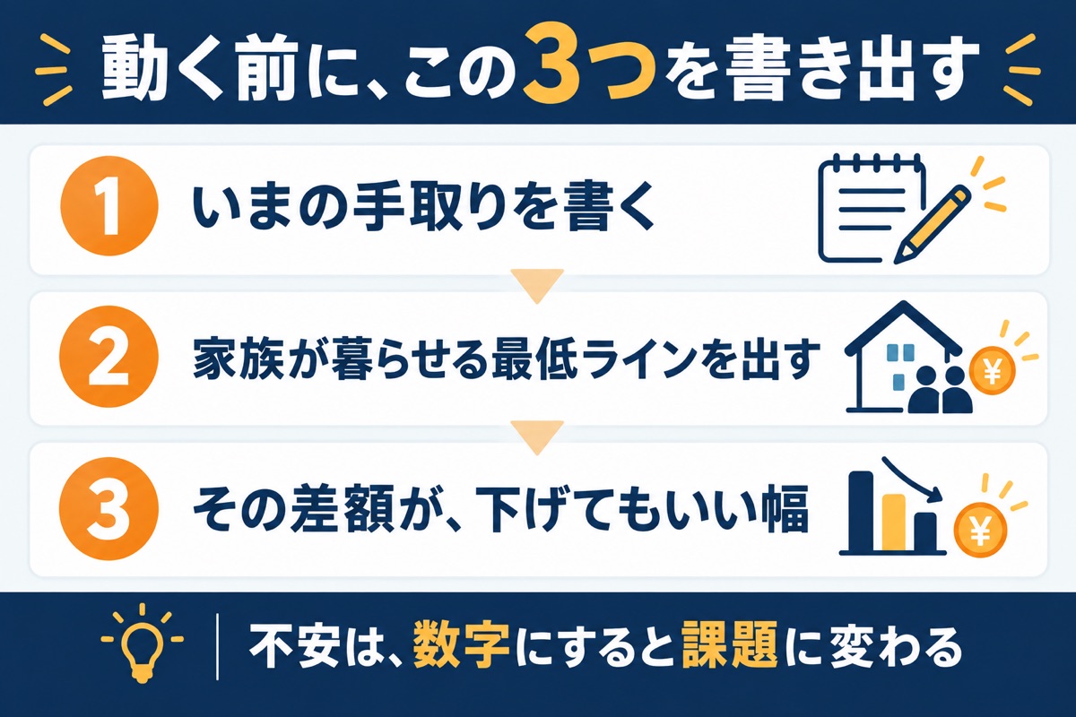 動く前に書き出す3つ。手取り、家族が暮らせる最低ライン、その差額