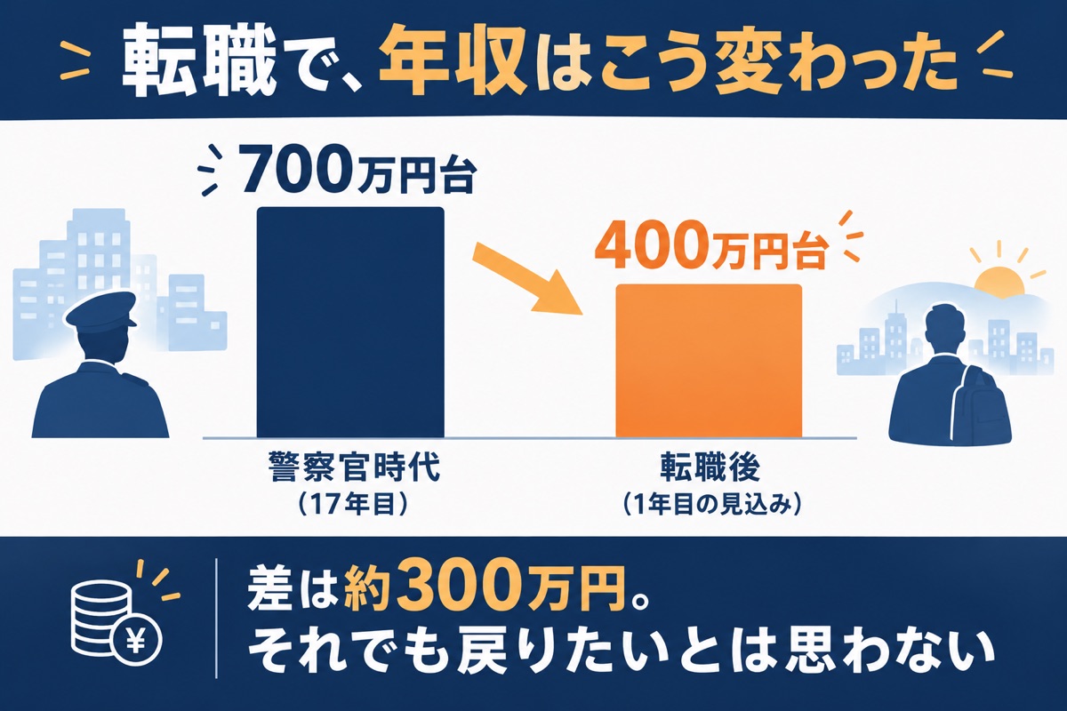 転職で年収はこう変わった。警察官時代700万円台から転職後400万円台へ
